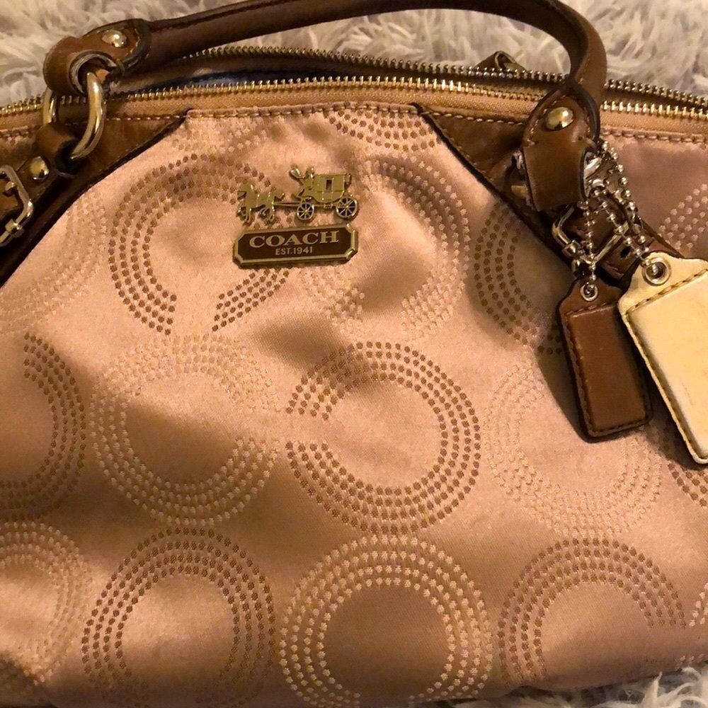 Coach Taupe Satin and Leather Handbag/Purse. Silver Hardware Blue Satin Lining.